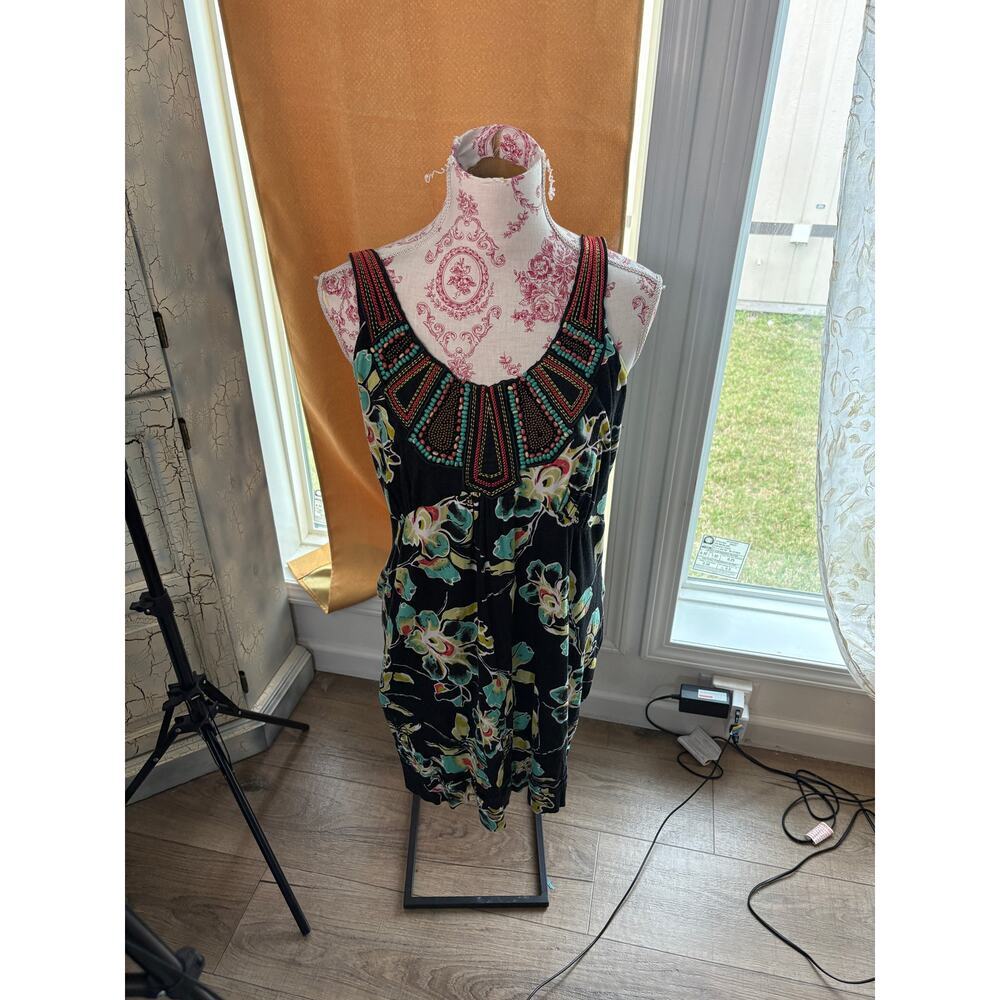American Rag Floral Beaded Mini Dress Sleeveless Boho Black Women's OX (XL)